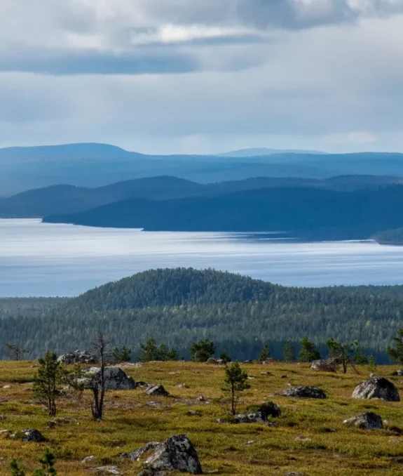 Vidsträckt fjällandskap med sjö och skogklädda berg