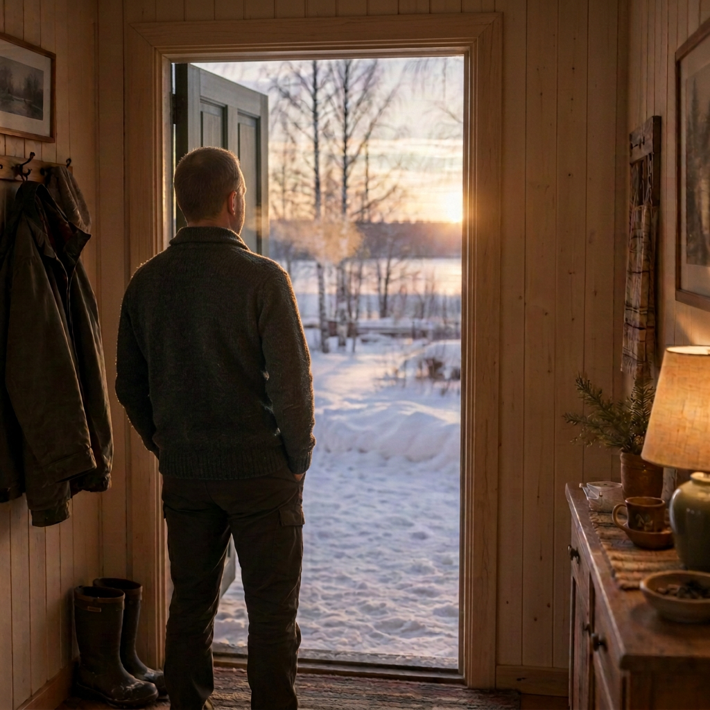 Man står i en öppen dörr och ser ut över ett vinterlandskap i solnedgång