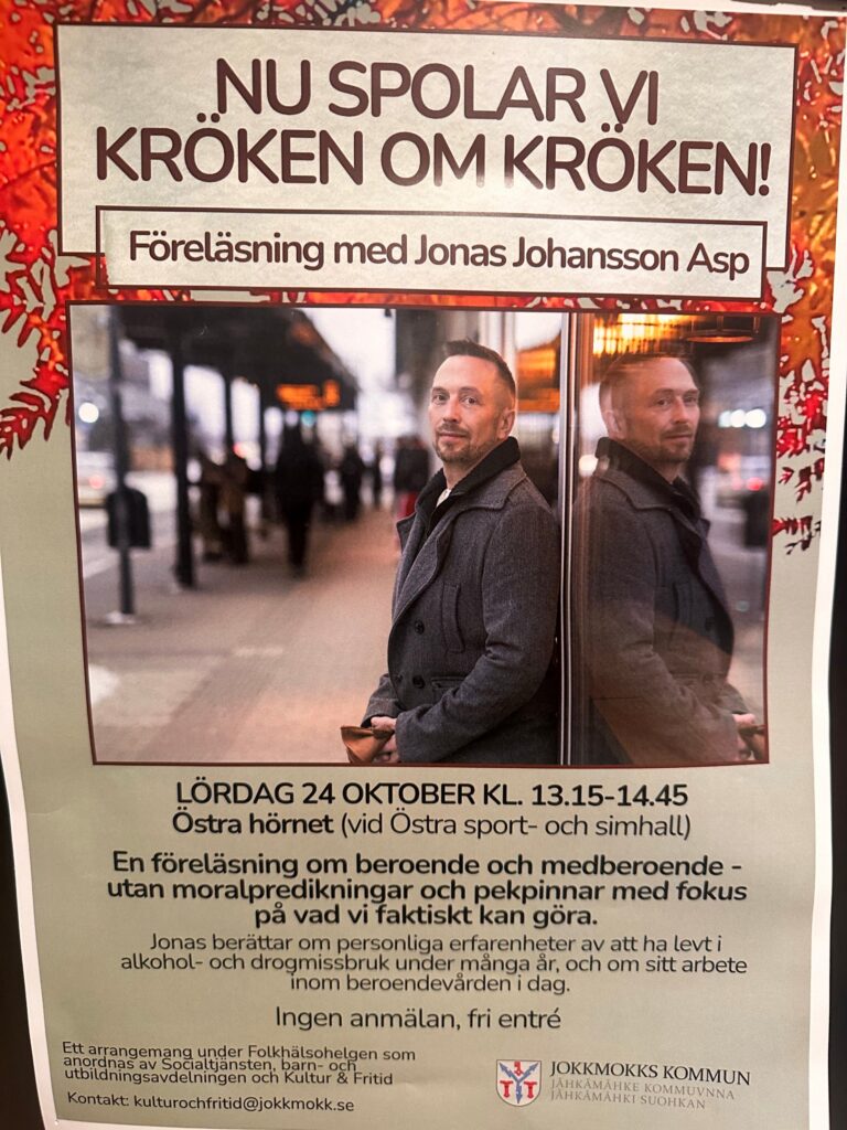 Affisch för föreläsningen Nu spolar vi kröken om kröken i Jokkmokk 24 oktober