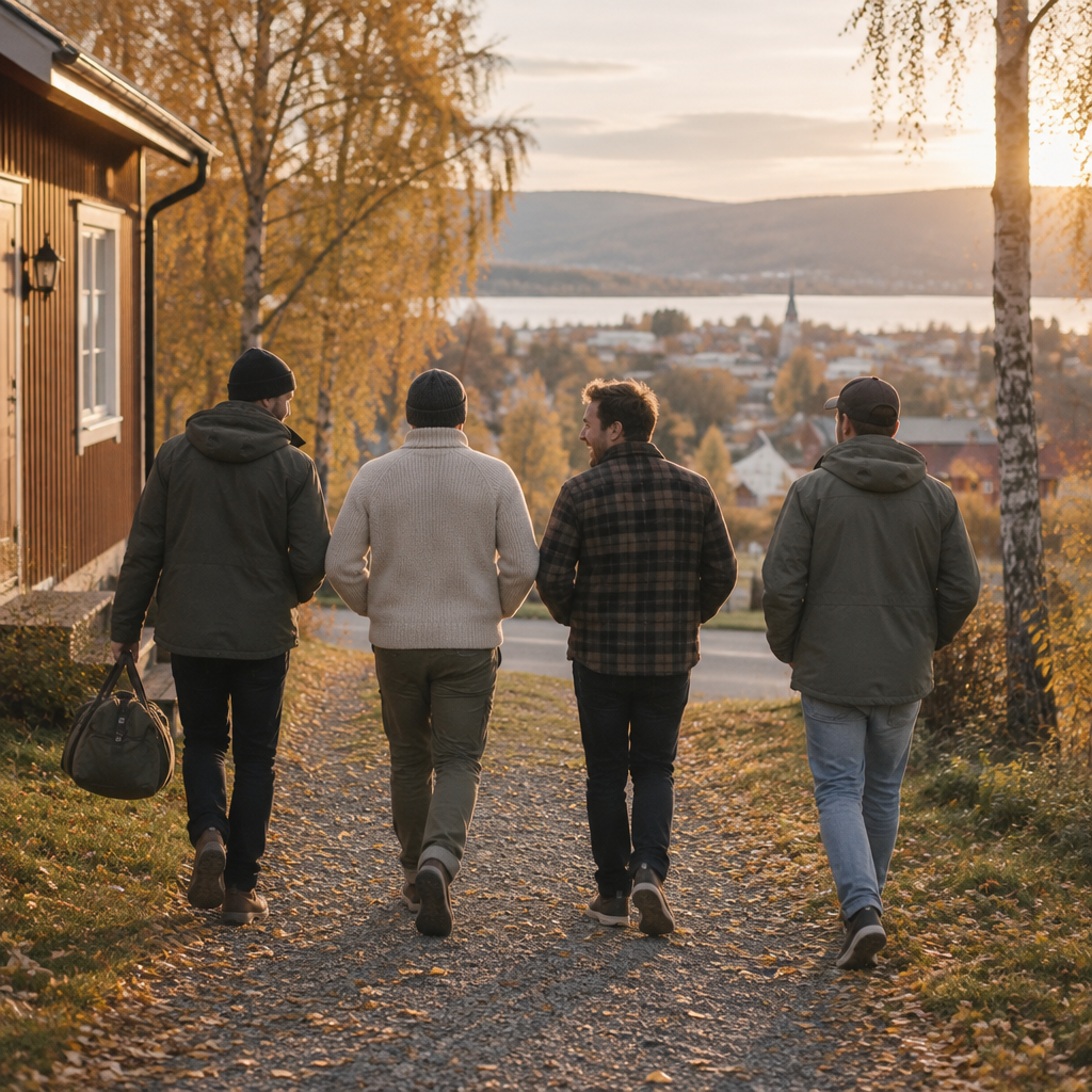 Fyra män går tillsammans längs en grusväg i höstljus